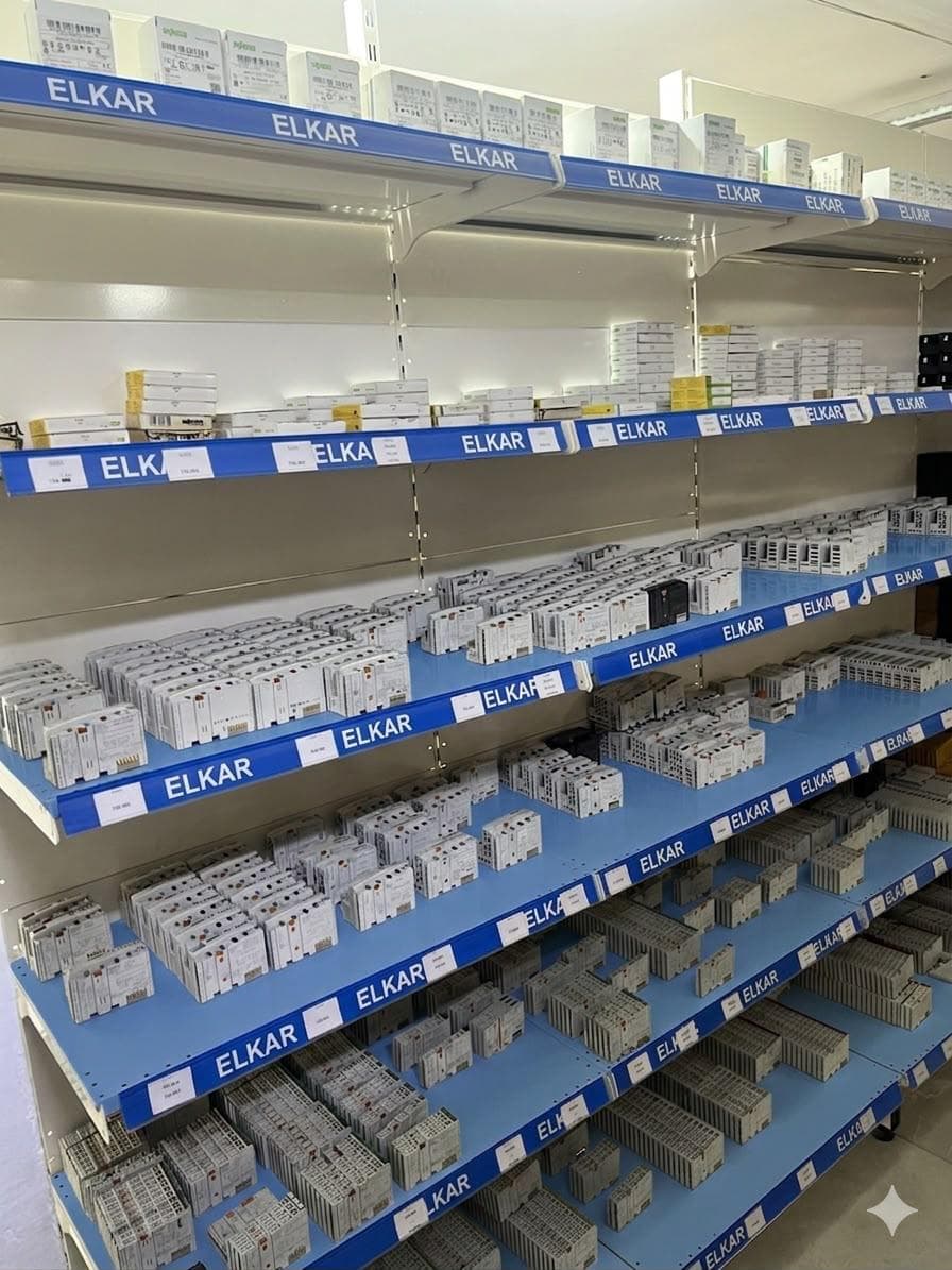 ELKAR warehouse — PLC and IO modules, relay shelves