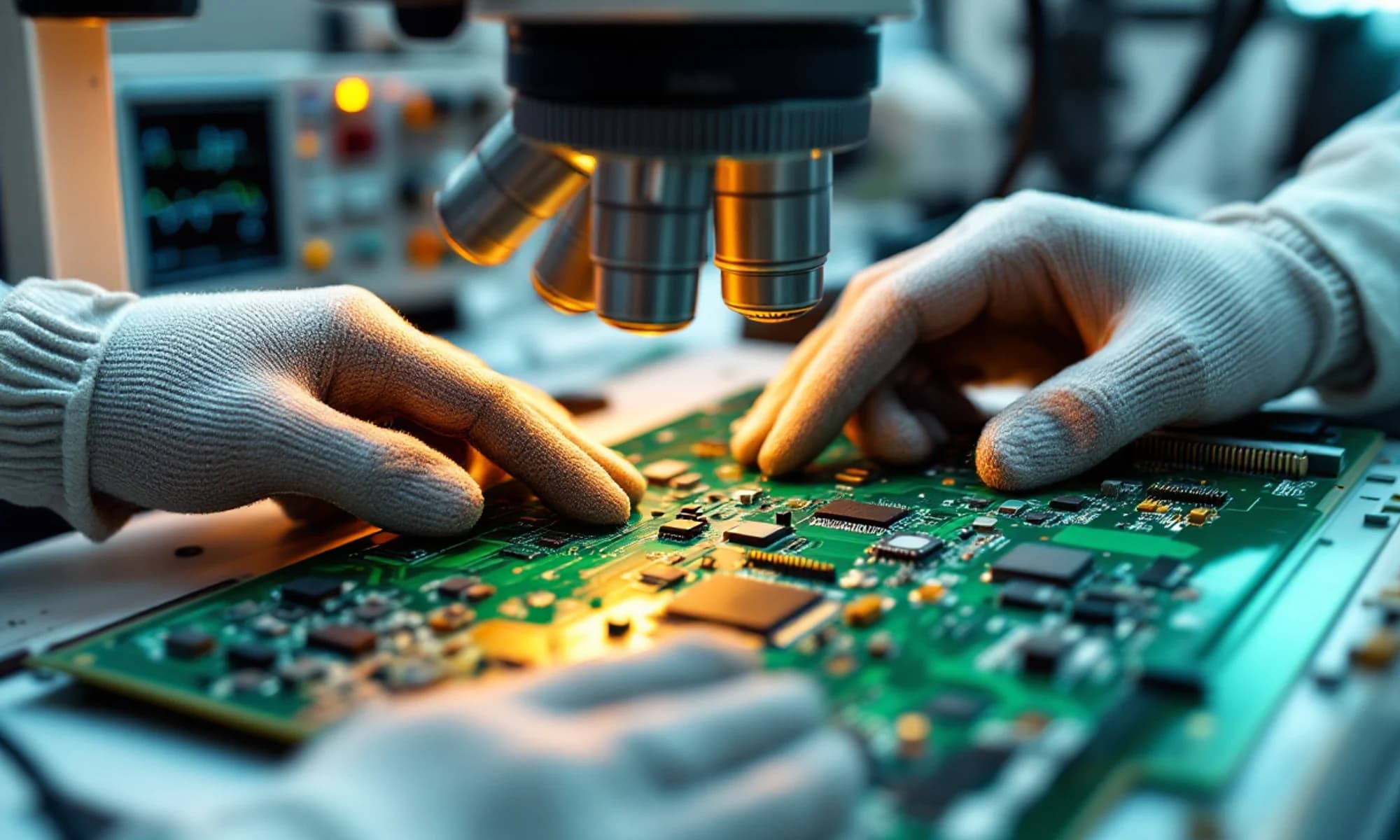 ELKAR electronic board repair laboratory — PCB under microscope and test equipment
