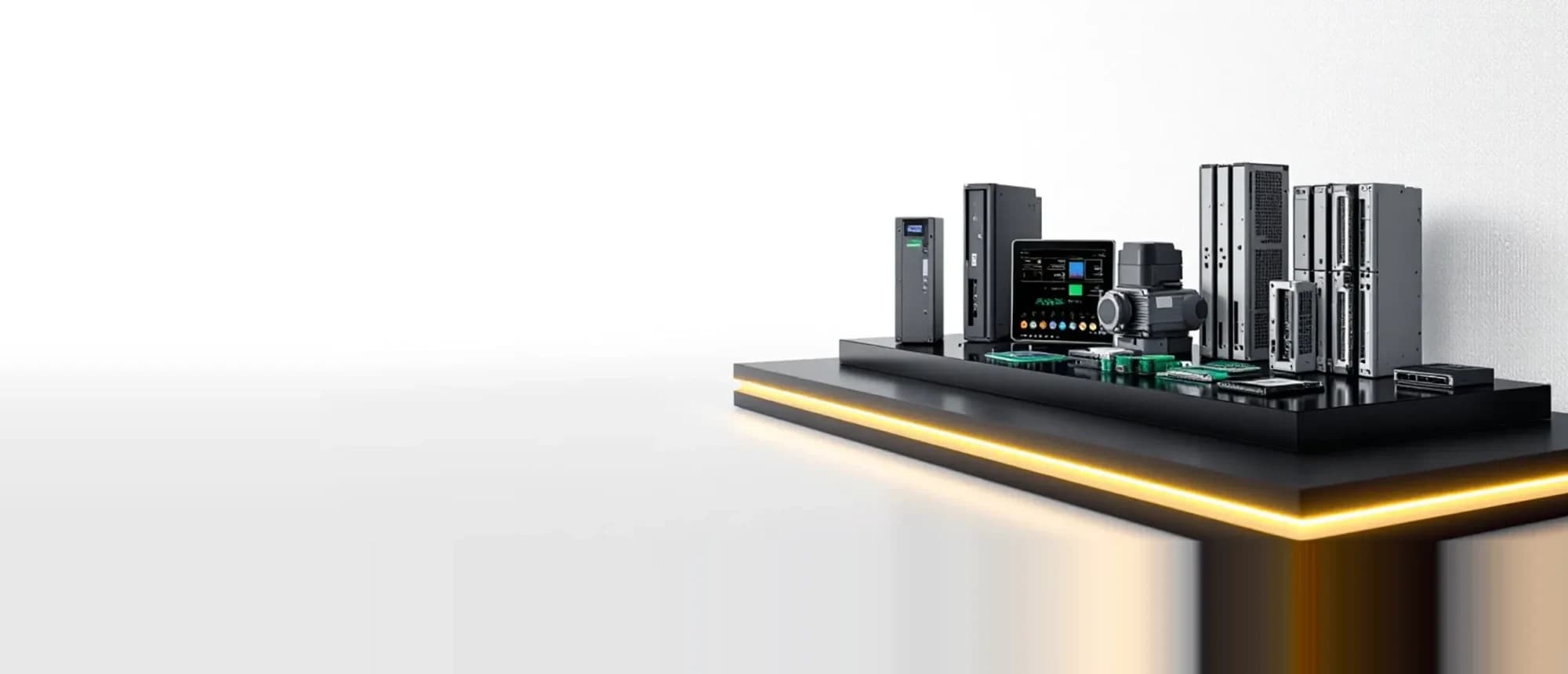 ELKAR product showcase — PLC, HMI panel, servo motor, inverter and electronic board