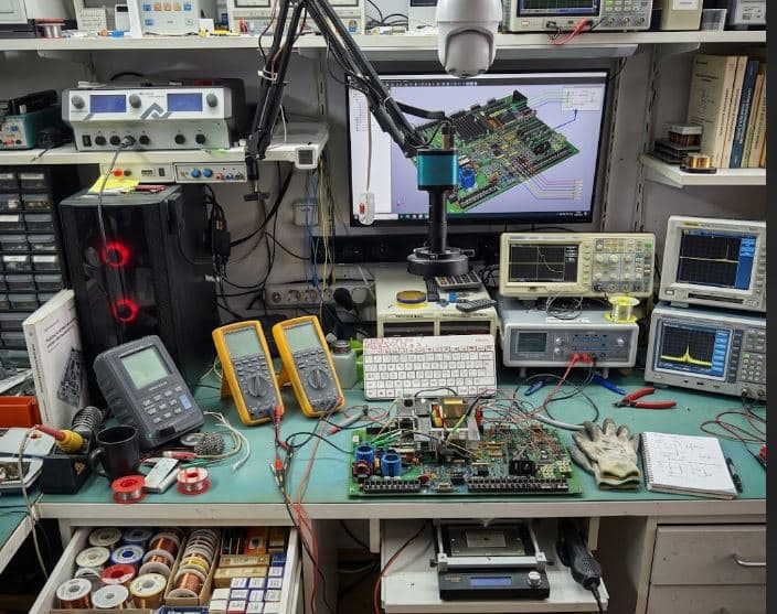 ELKAR electronic board repair laboratory — PCB under microscope and test equipment